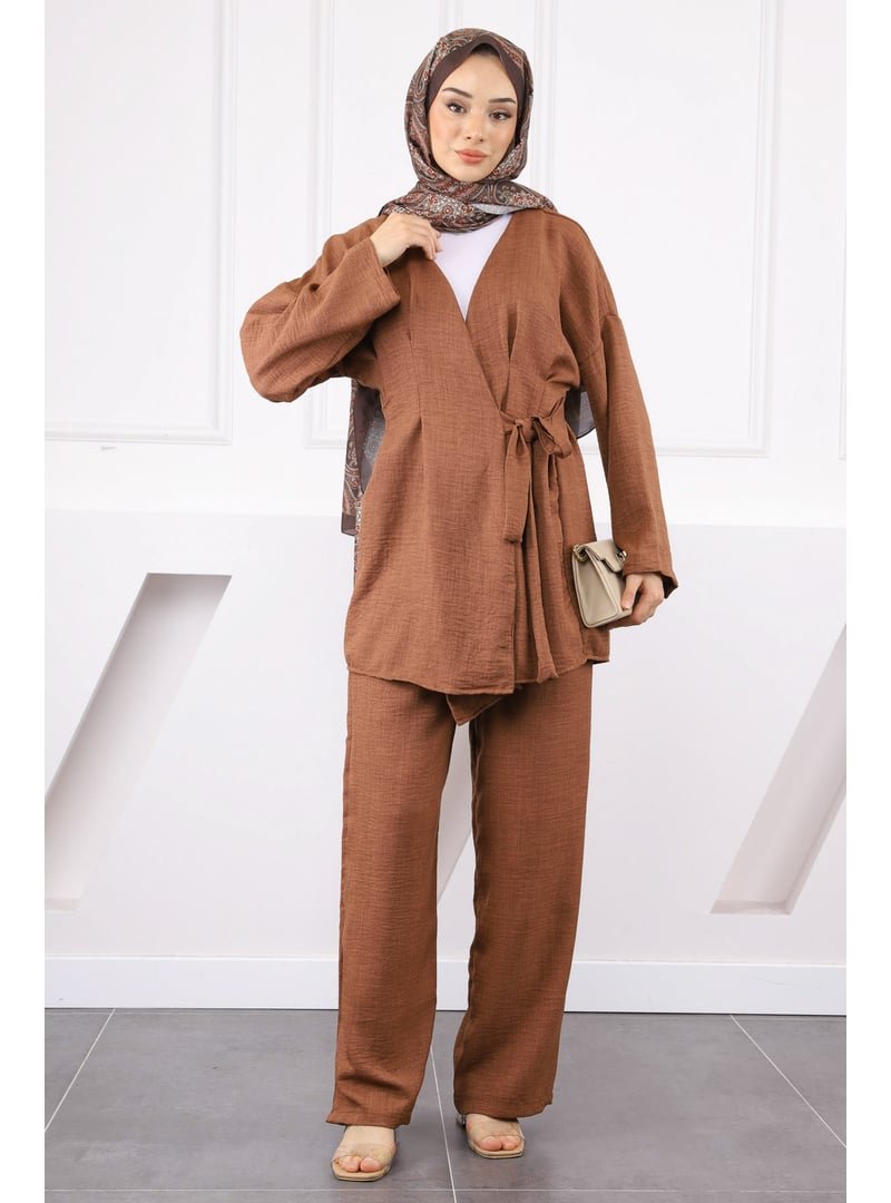 İmaj Butik Kahverengi Çapraz Bağlamalı Keten Kimono Pantolon Takım