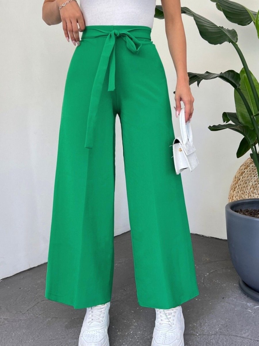 HİJABAYA İlkbahar Yeşili Beli Bağcıklı Double Bol Paça Pantolon