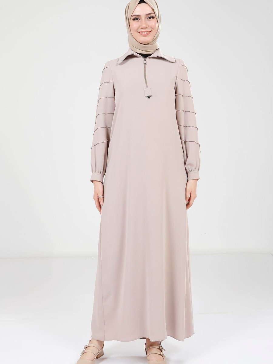 Beyza Fermuarlı Bej Elbise 9379