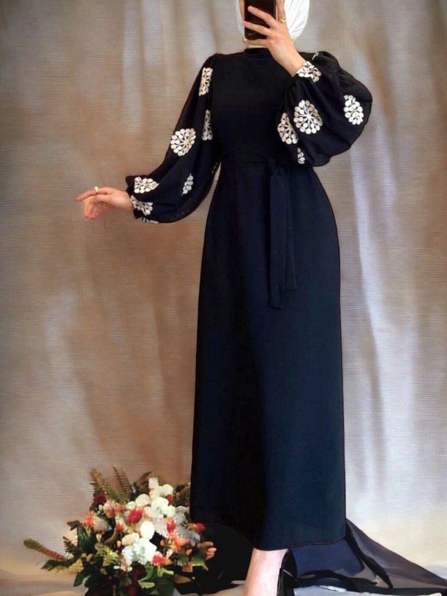 HİJABAYA Siyah Kolu Tül Nakışlı Kalem Elbise