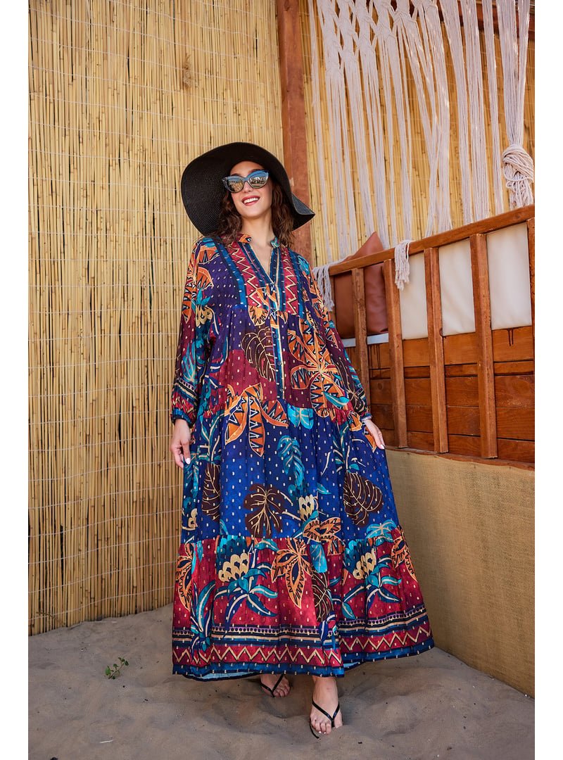Locco Moda Lacivert Geometrik Şölen Elbise