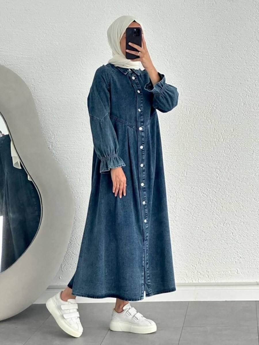 OlaLady Lacivert Önü Düğmeli Pile Detaylı Denim Kap Pardesü