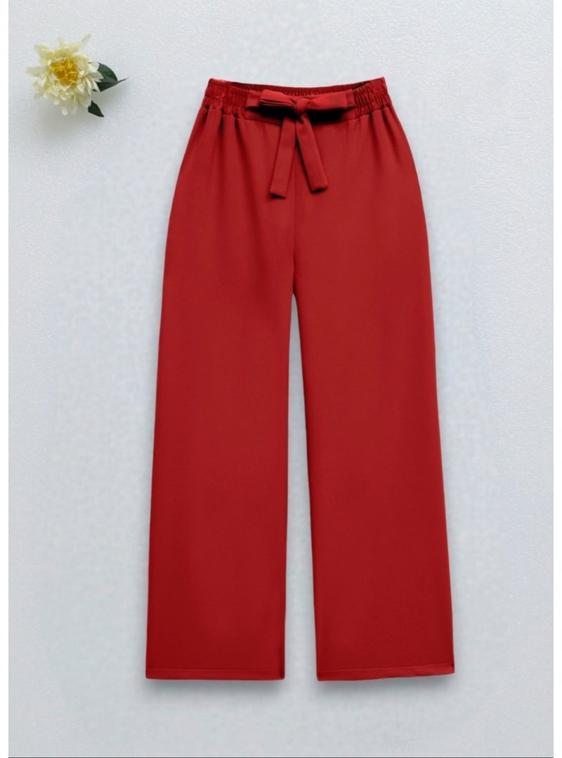 Podyumplus Kırmızı Beli Bağcıklı Double Bol Paça Pantolon