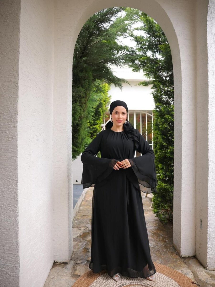 Nissra Siyah Ankanoor Astarlı Şifon Abiye Elbise