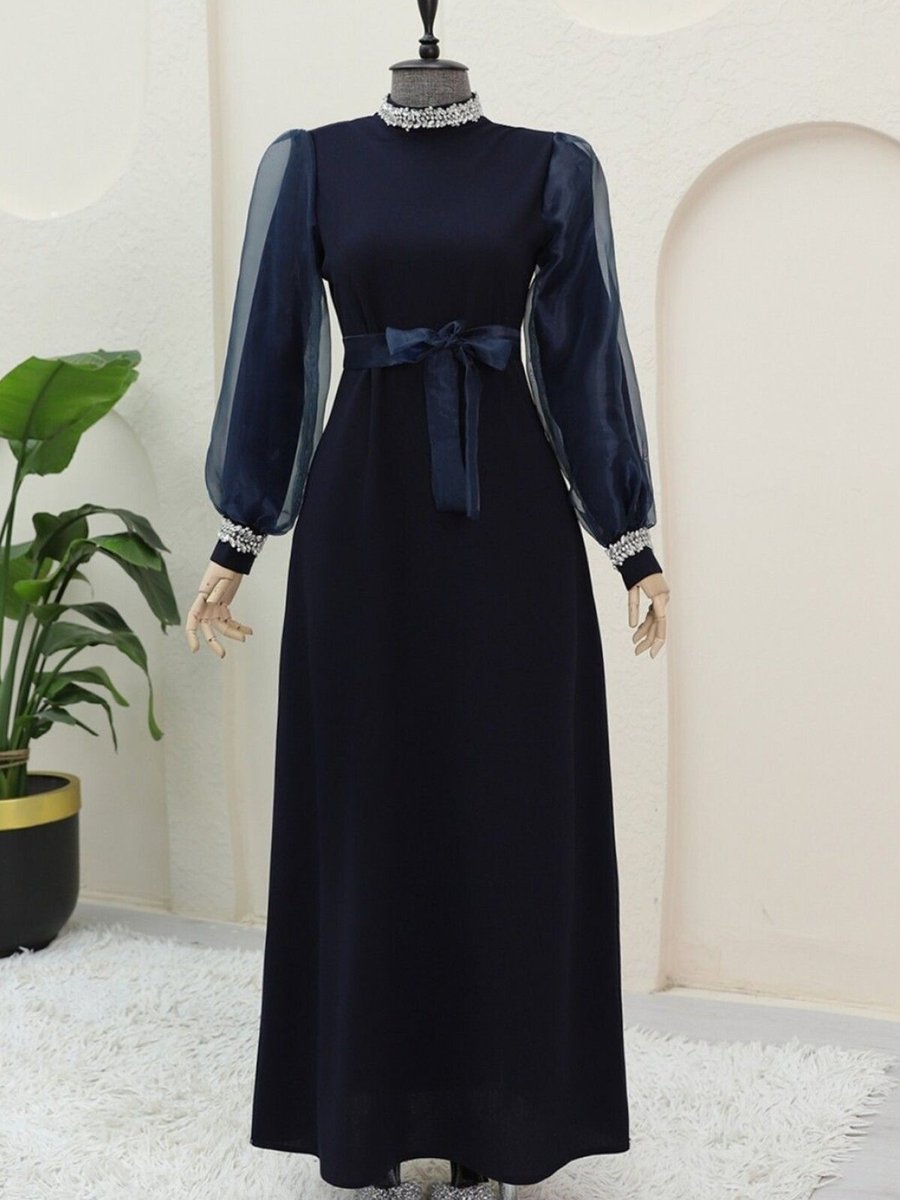 HİJABAYA Lacivert Yakası Ve Kolları Taşlı Beli Bağcıklı Organze Kol Abiye Elbise
