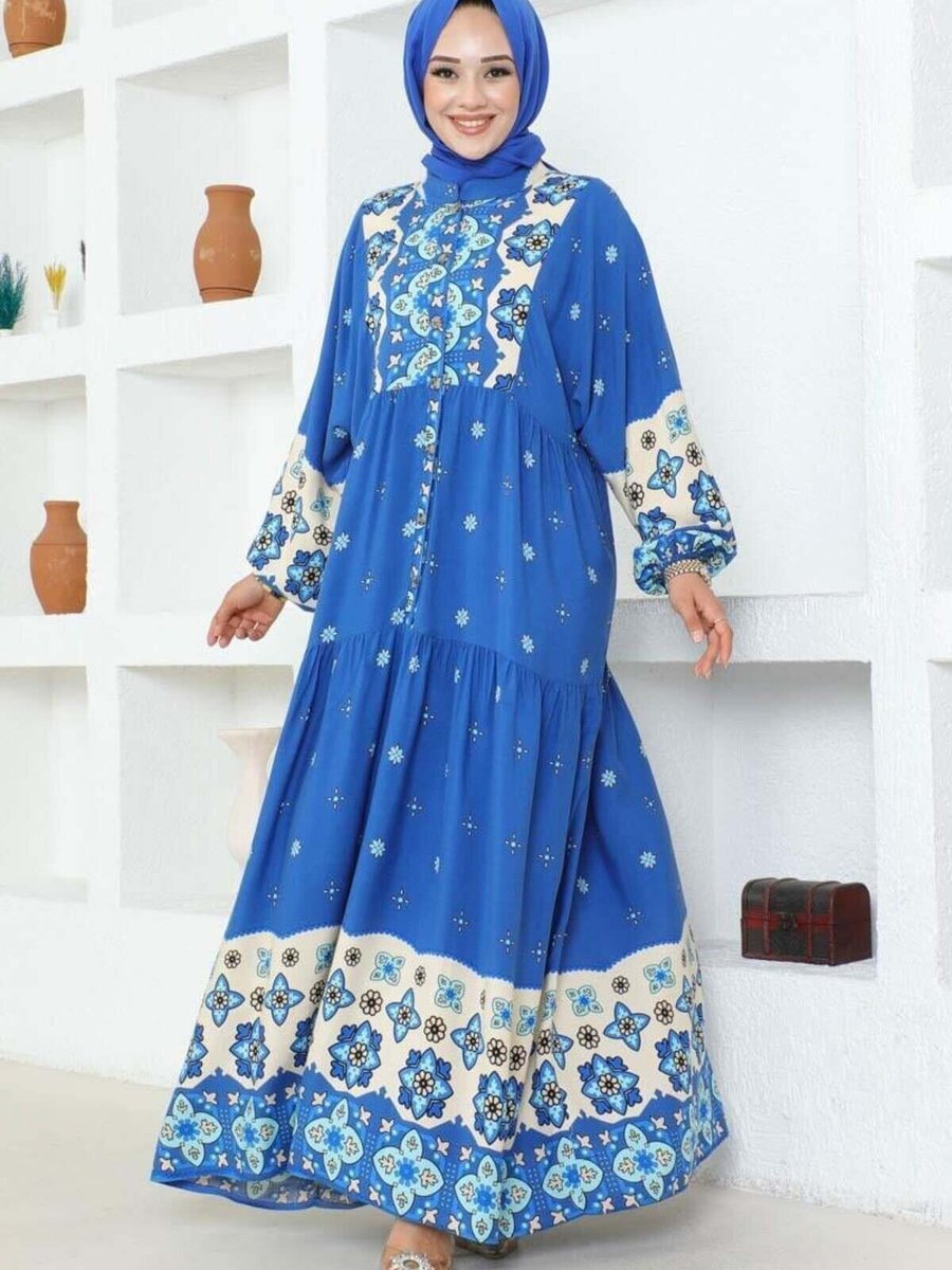 Mec Fashion İndigo Otantik Desenli Viskon Elbise