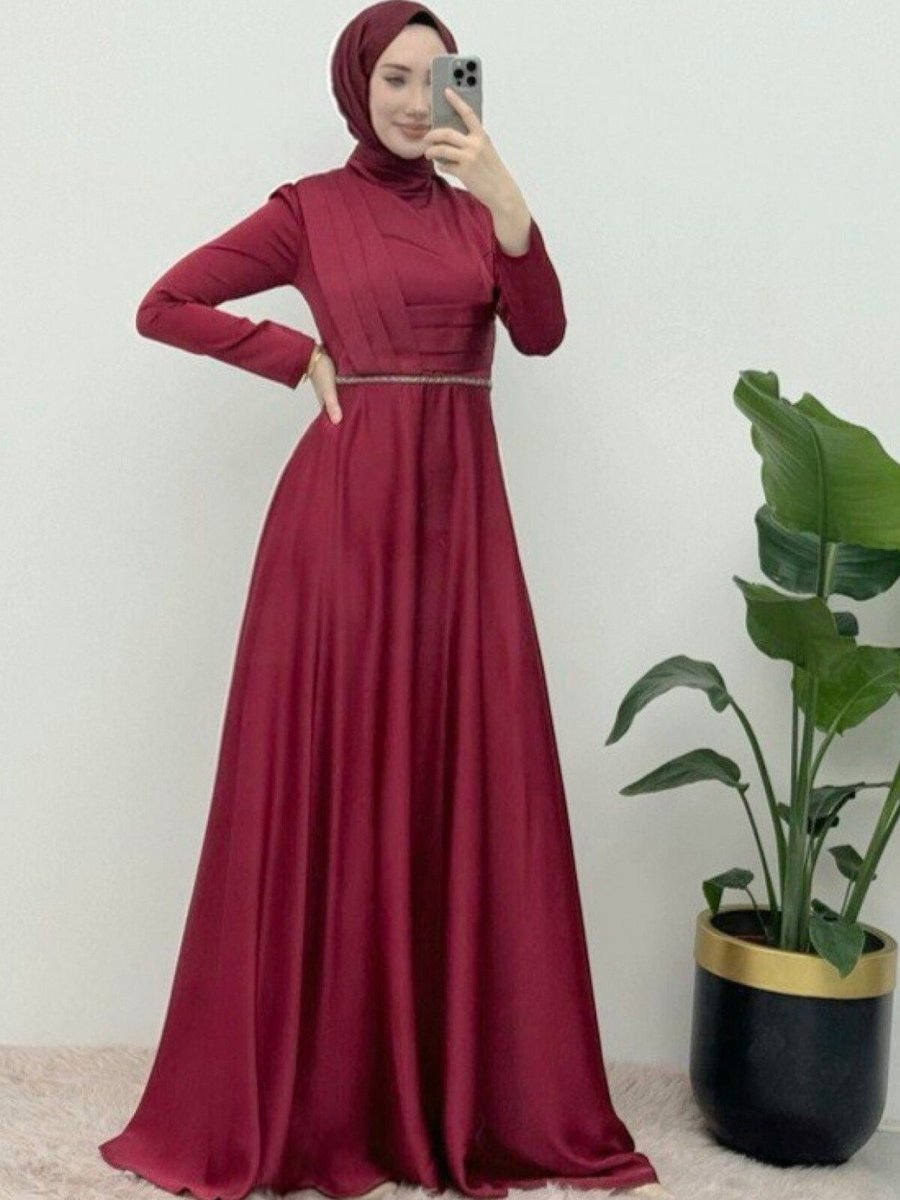 HİJABAYA Bordo Önü Drapeli Beli Boncuk Detaylı Saten Abiye Elbise