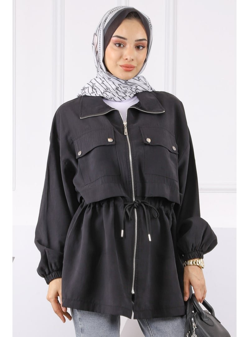 İmaj Butik Siyah Bel Bağlamalı Çift Cepli Ceket