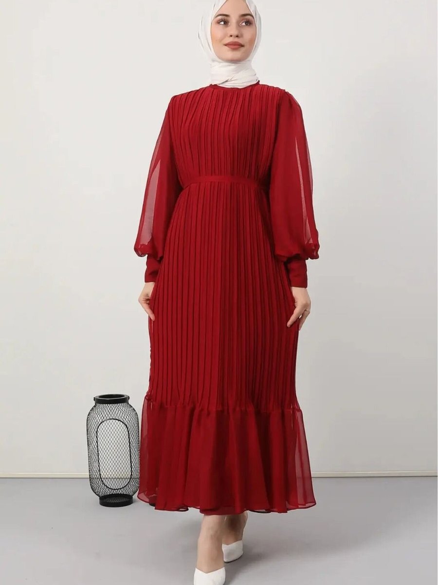 Mec Fashion Kırmızı Pileli Kemerli Elbise