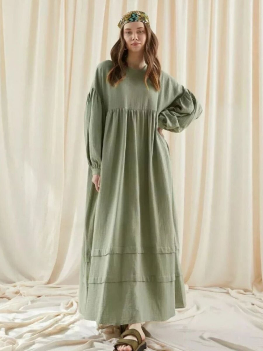 OlaLady Haki Balon Kollu Eteği Çift Katlamalı Muslin Salaş Elbise