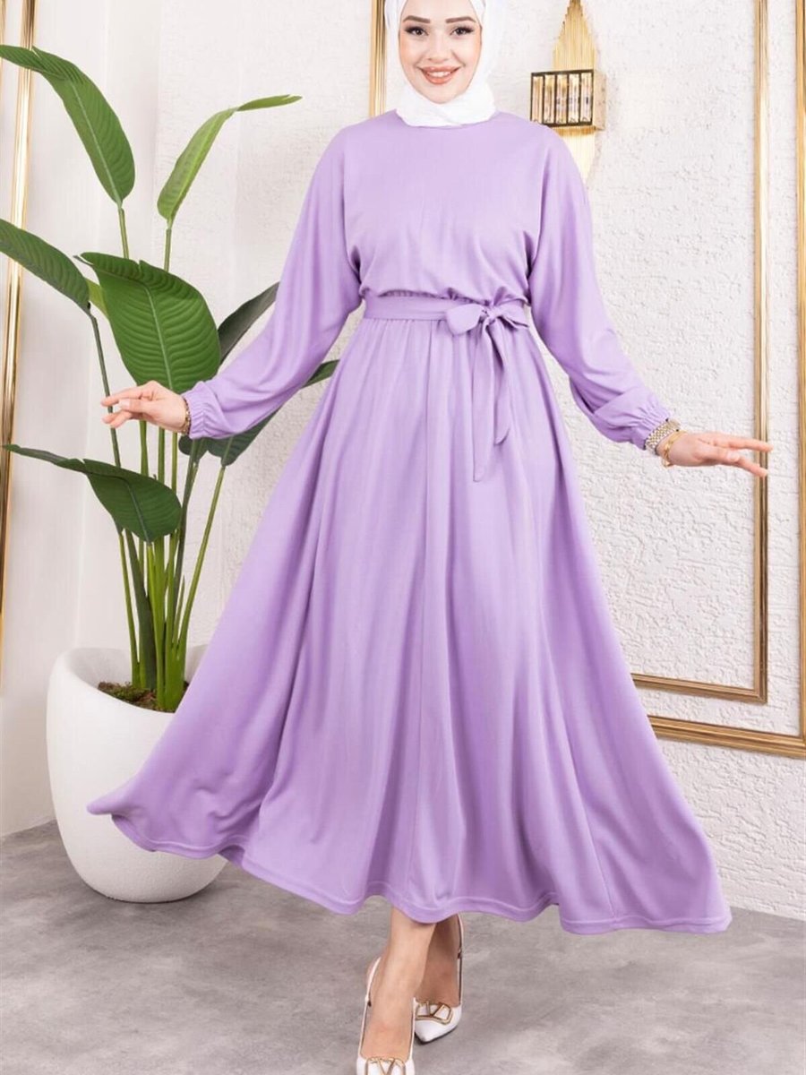 Mec Fashion Lila Beli Büzgülü Kemerli Elbise