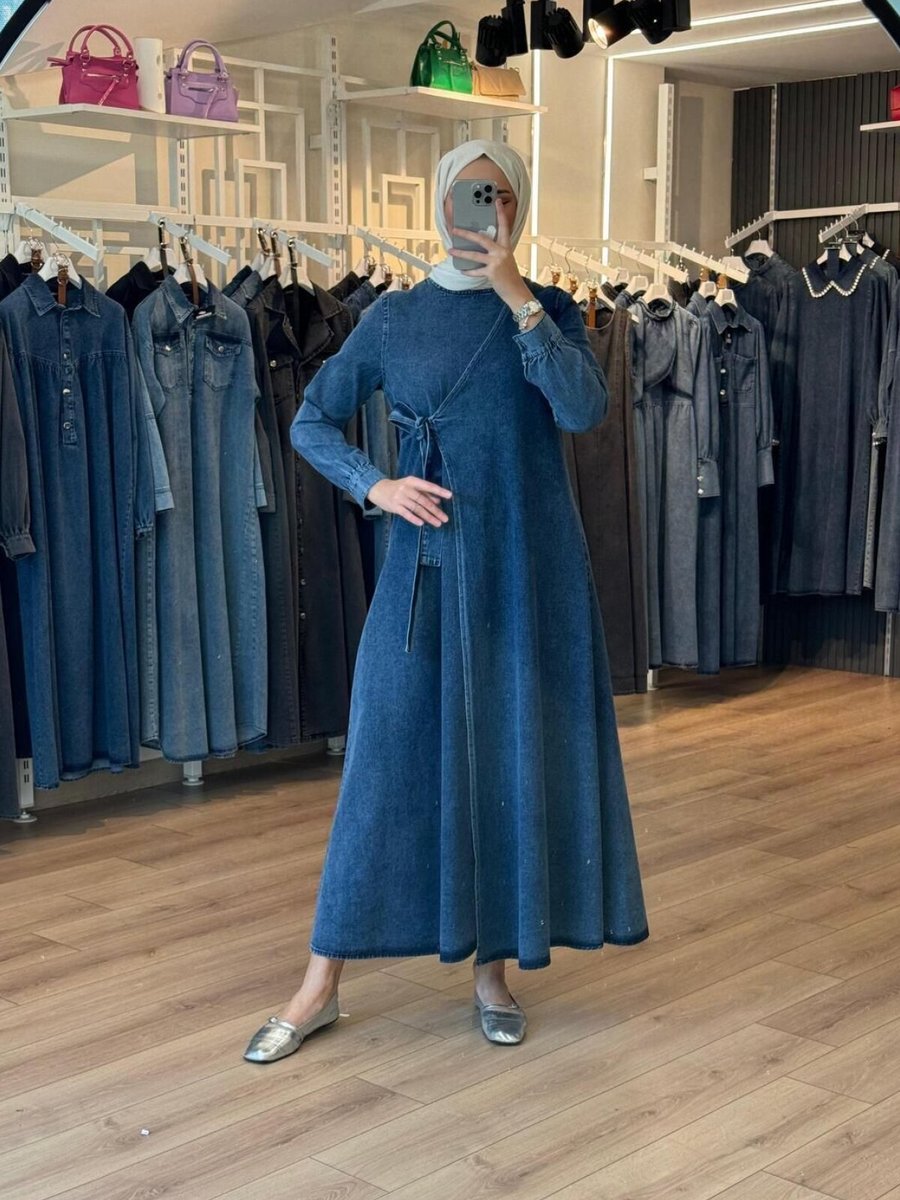 OlaLady Lacivert Yandan Kusaklı Kapamalı Denim Kot Elbise