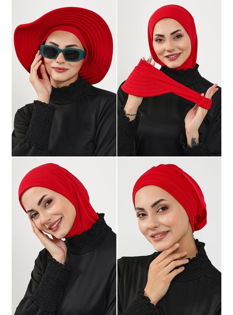 Aisha`s Design 2sn Kırmızı 4'lü Bone,siperlik Ve Şapka Seti (deniz,havuz) Yüzücü Bonesi,st