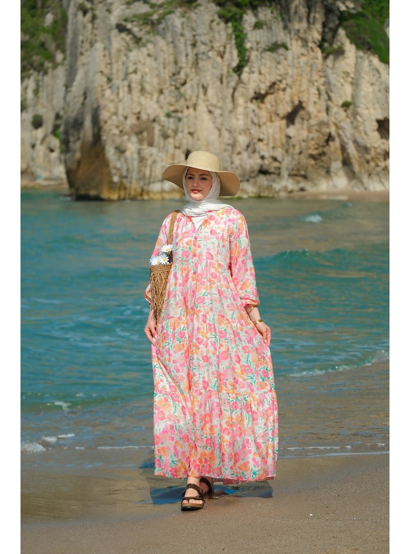 Locco Moda Pembe Sarmaşık Çicek Desenli Elbise
