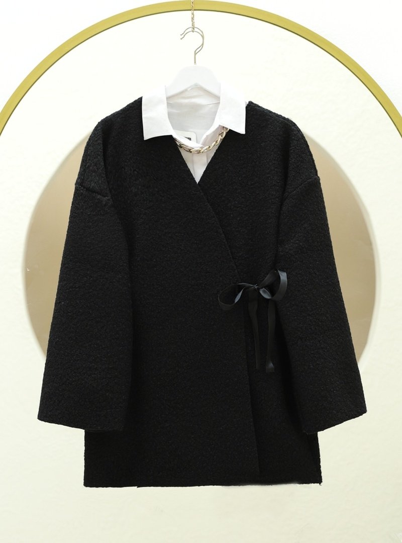Podyumplus Siyah Yandan Bağlamalı Buklet Kimono