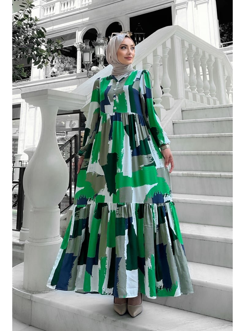 Liz Butik Yeşil Lena Desenli Viskon Elbise