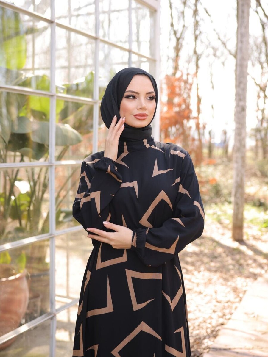 Nissra Siyah Kahve Ankanoor Asimetrik Desenli Viskon Elbise