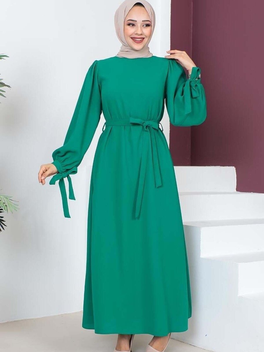 Mec Fashion Yeşil Kolları Bağlamalı Elbise
