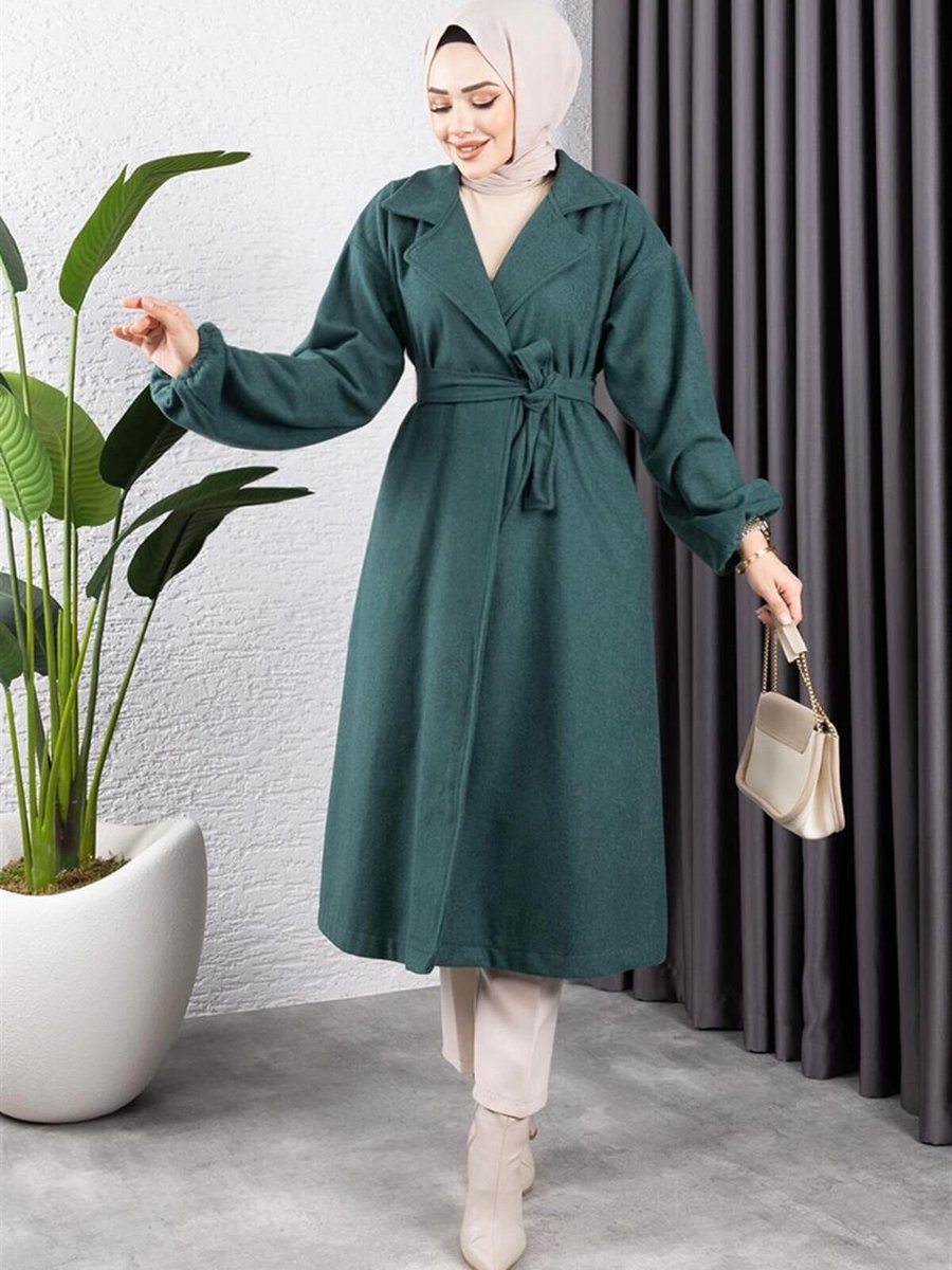 Mec Fashion Zümrüt Yeşili Kruvaze Yakalı Kaşe Kaban