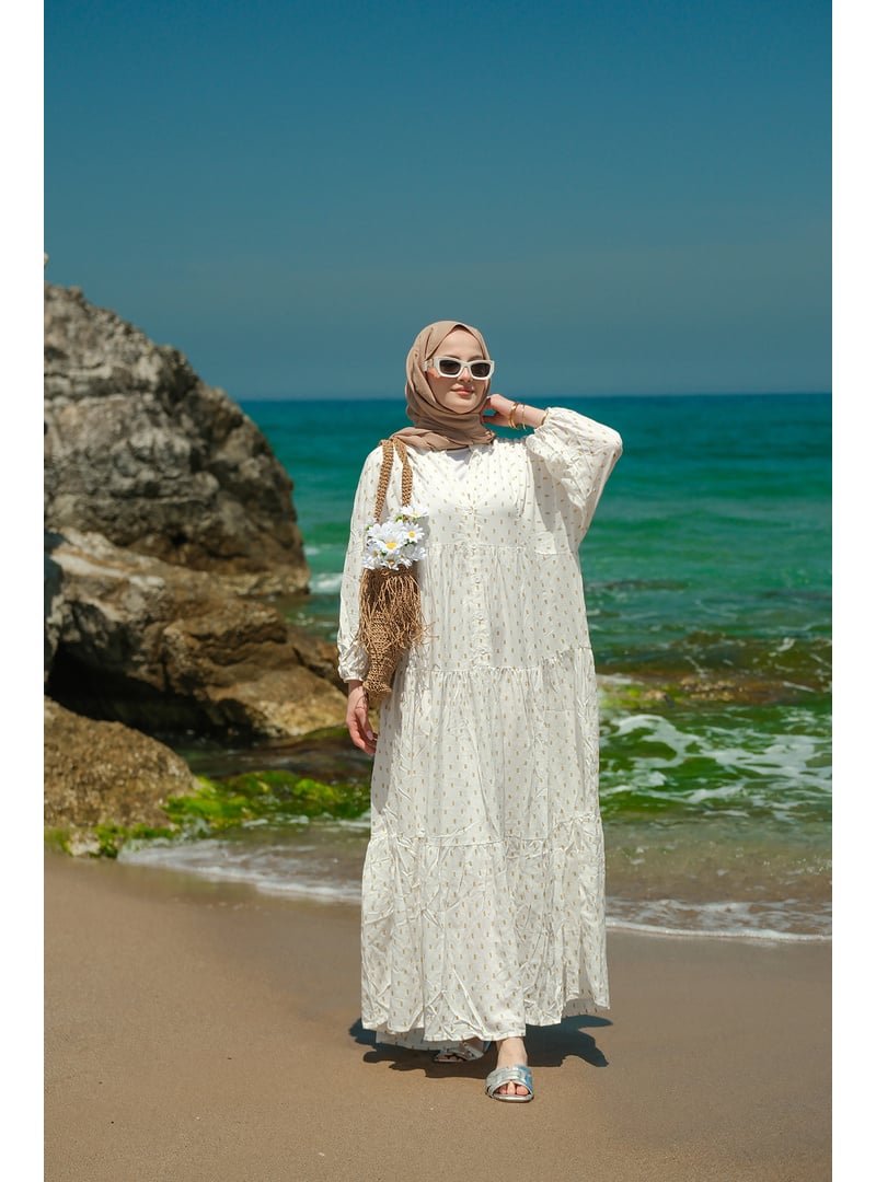 Locco Moda Krem Sim Boncuk Detaylı Elbise