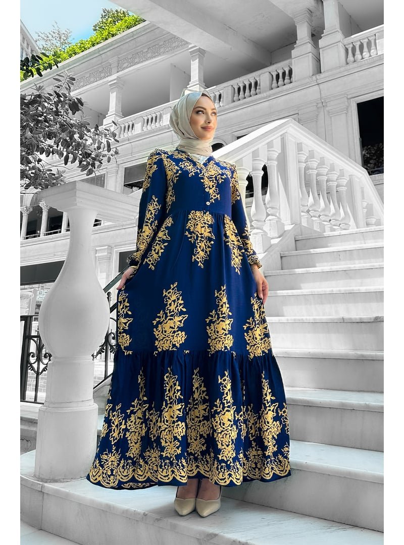 Liz Butik Lacivert Sultan Desenli Viskon Elbise