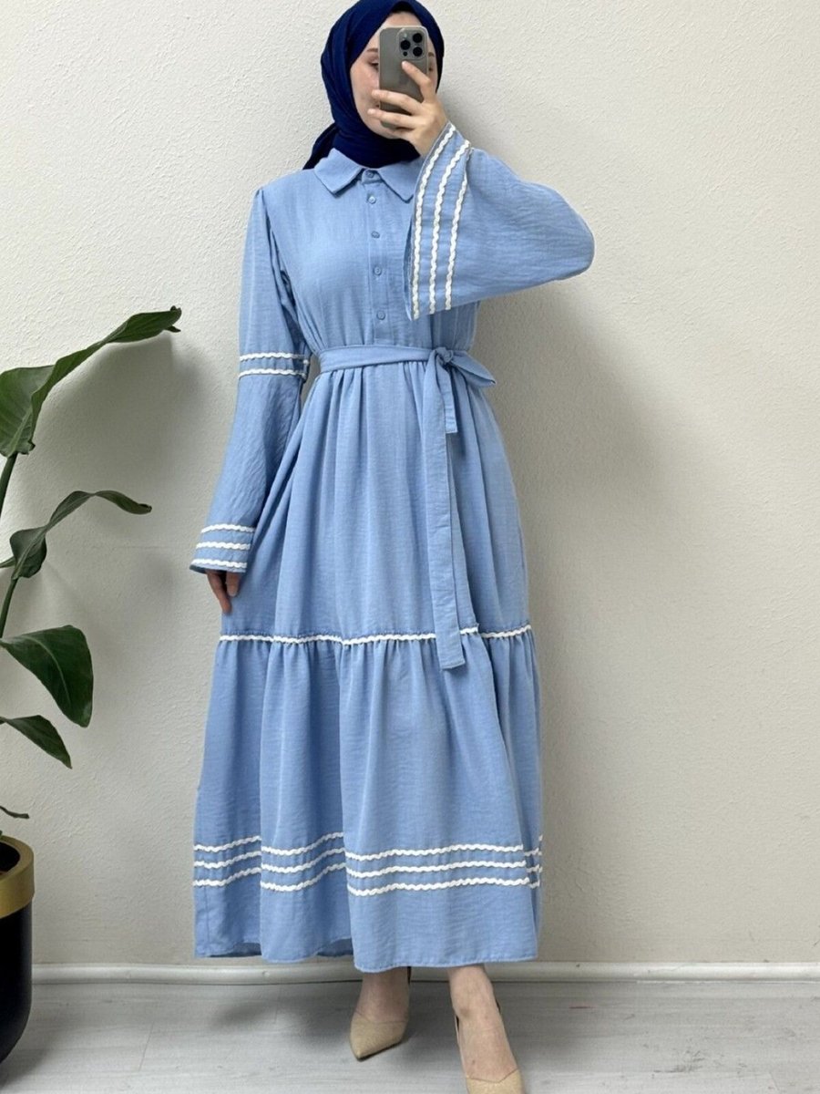 HİJABAYA Bebe Mavi Kolları Ve Eteği Süzene İşlemeli Parçalı Elbise