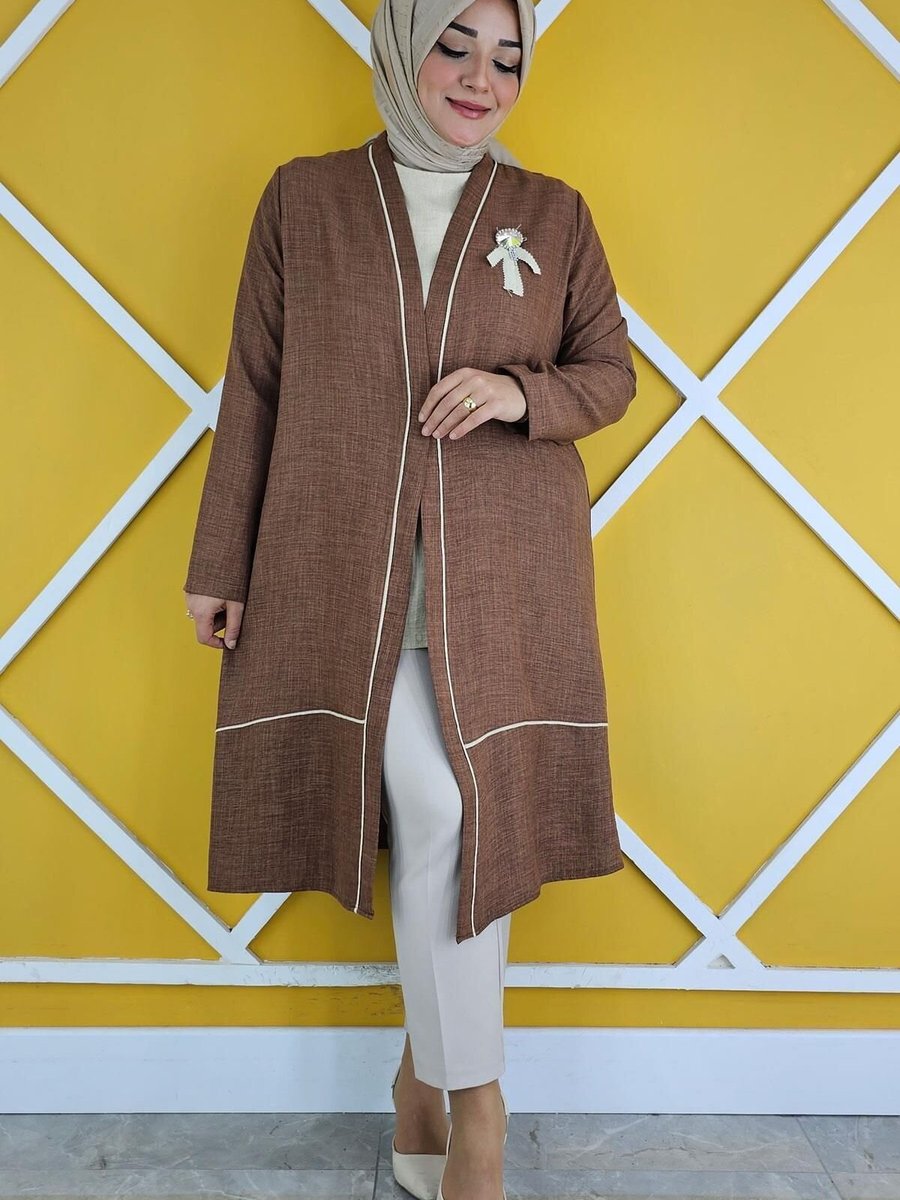 PYS Kahverengi Broş Detaylı Kimono Bluzlu İkili Takım