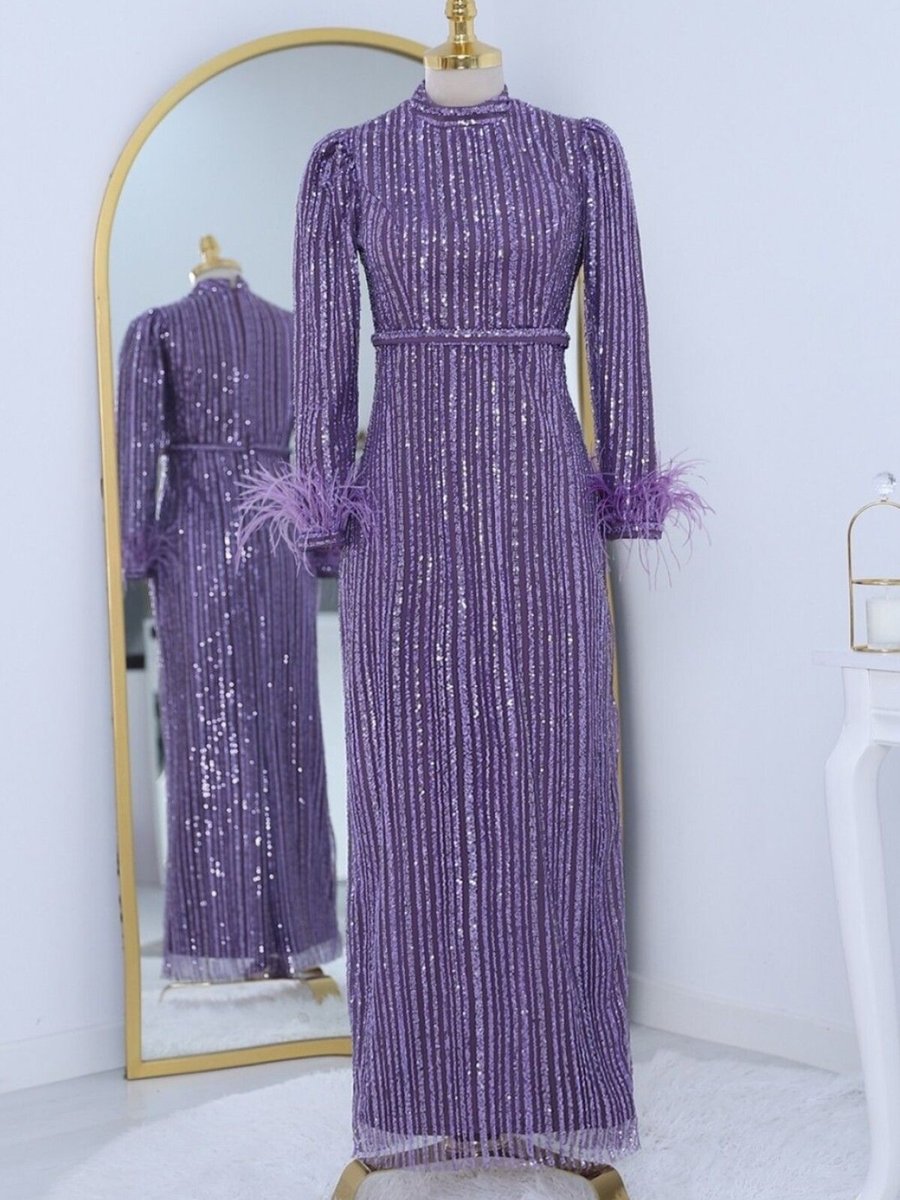 HİJABAYA Lila Kolu Tüylü Boncuk Pul İşlemeli Tül Abiye Elbise