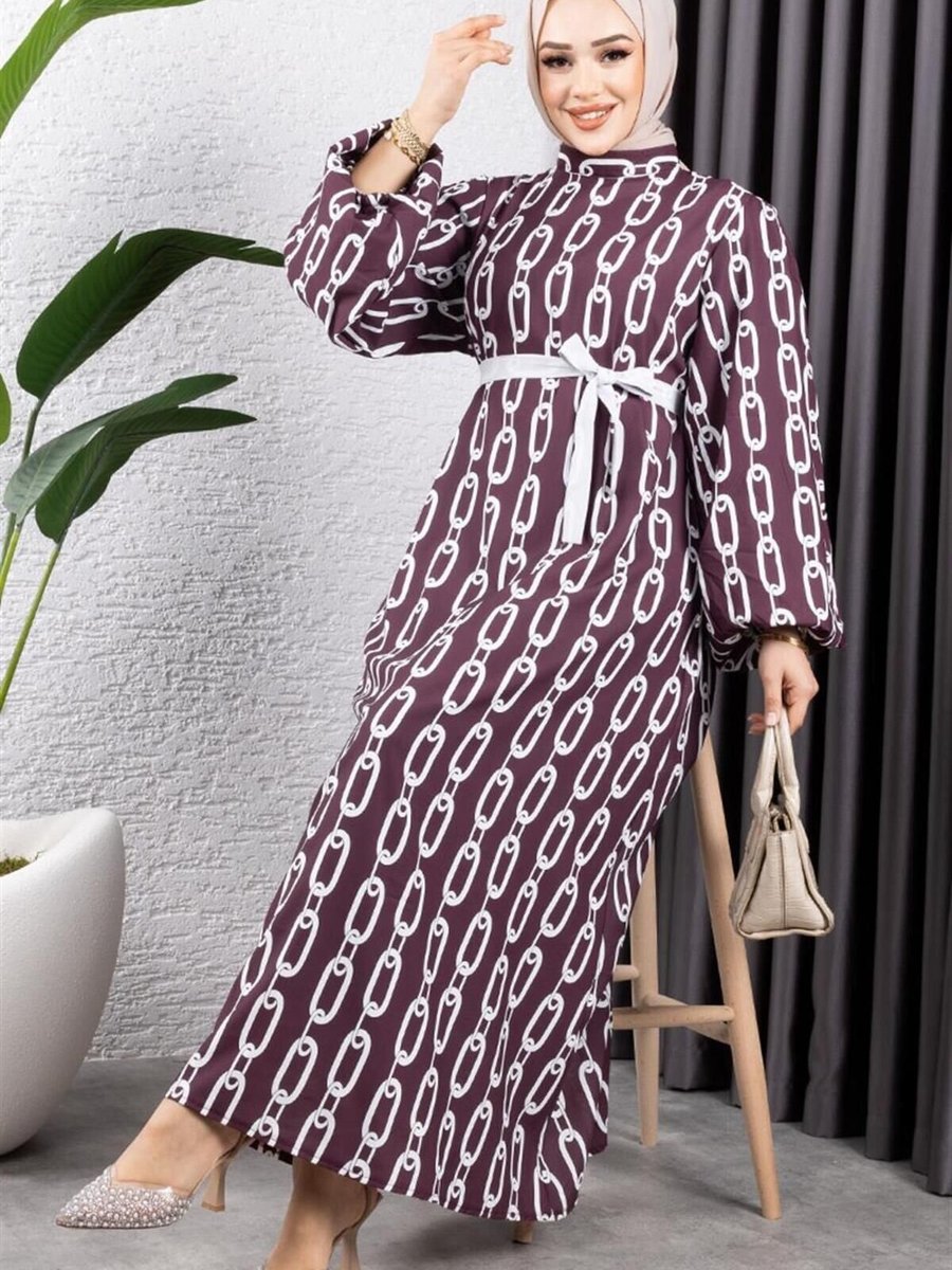Mec Fashion Bordo Zincir Desenli Elbise