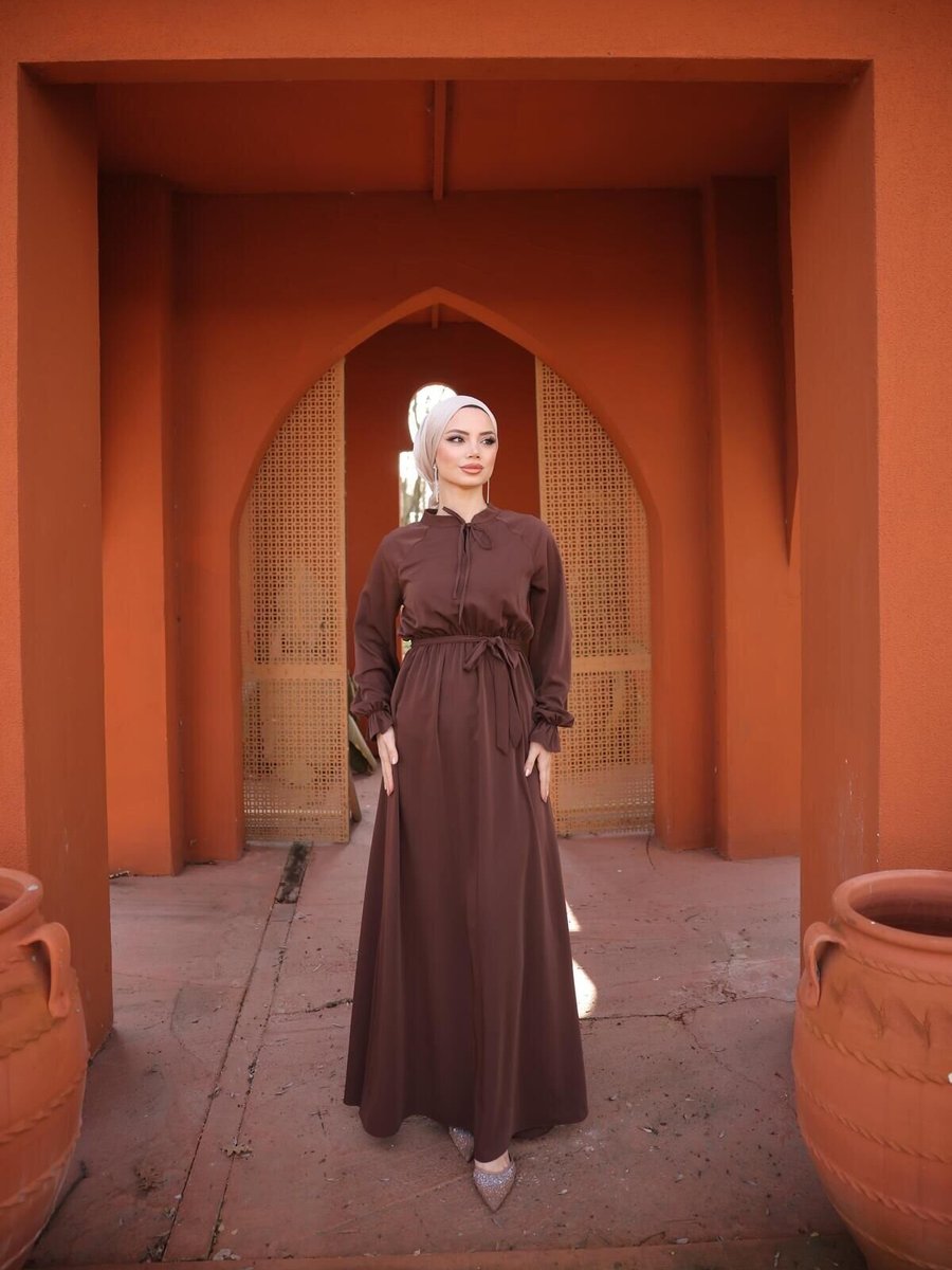 Nissra Kahverengi Ankanoor Reglan Kol Bel Lastikli Elbise