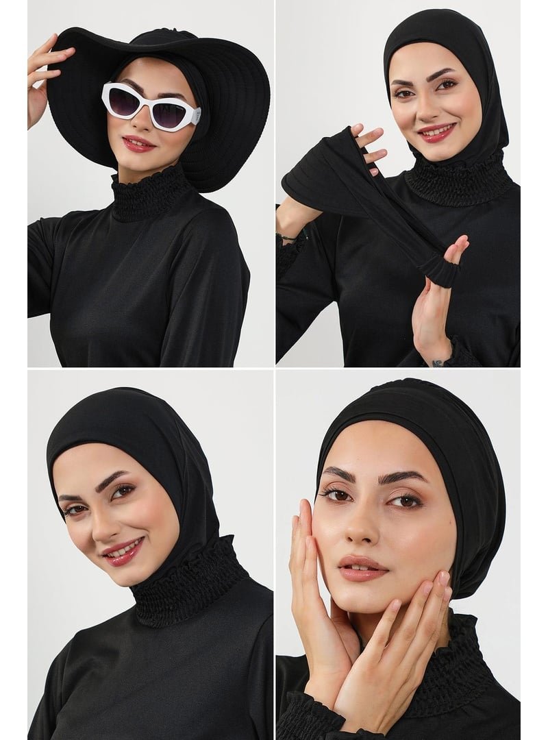 Aisha`s Design 3sn Siyah 4'lü Bone,siperlik Ve Şapka Seti (deniz,havuz) Yüzücü Bonesi,st