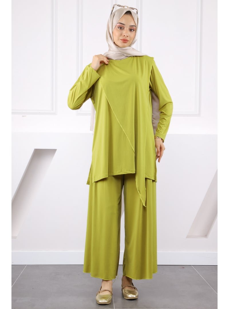 İmaj Butik Yağ Yeşili Ön Detaylı Sandy Tunik Pantolon Takım