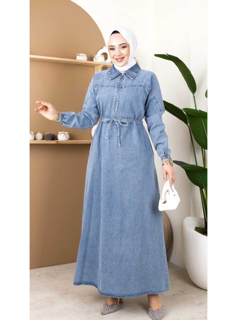 Harmatime butik Belden Bağcıklı Fermuar Detaylı Kot Elbise