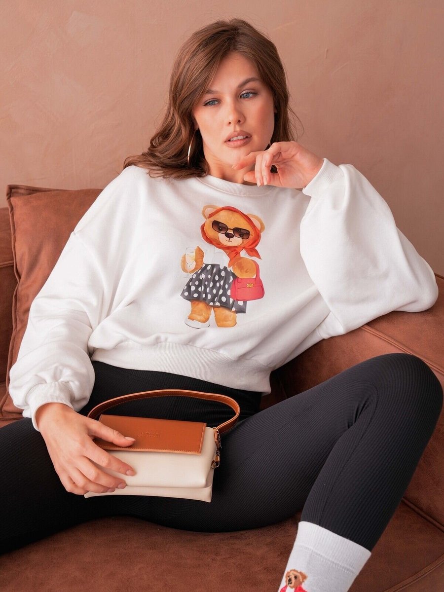 Moda Amore Ekru Teddy Bear Crop Ayıcıklı Sweat Şardonsuz İnce Tasarım İplik Sweatshirt
