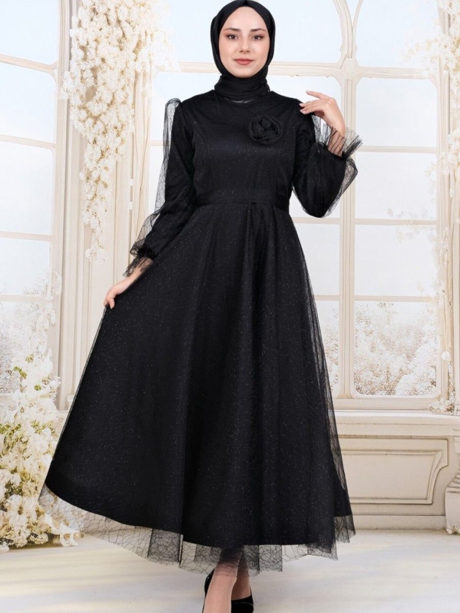 HİJABAYA Siyah Kolu Lastikli Kuşaklı Simli Kabarık Tül Abiye Elbise