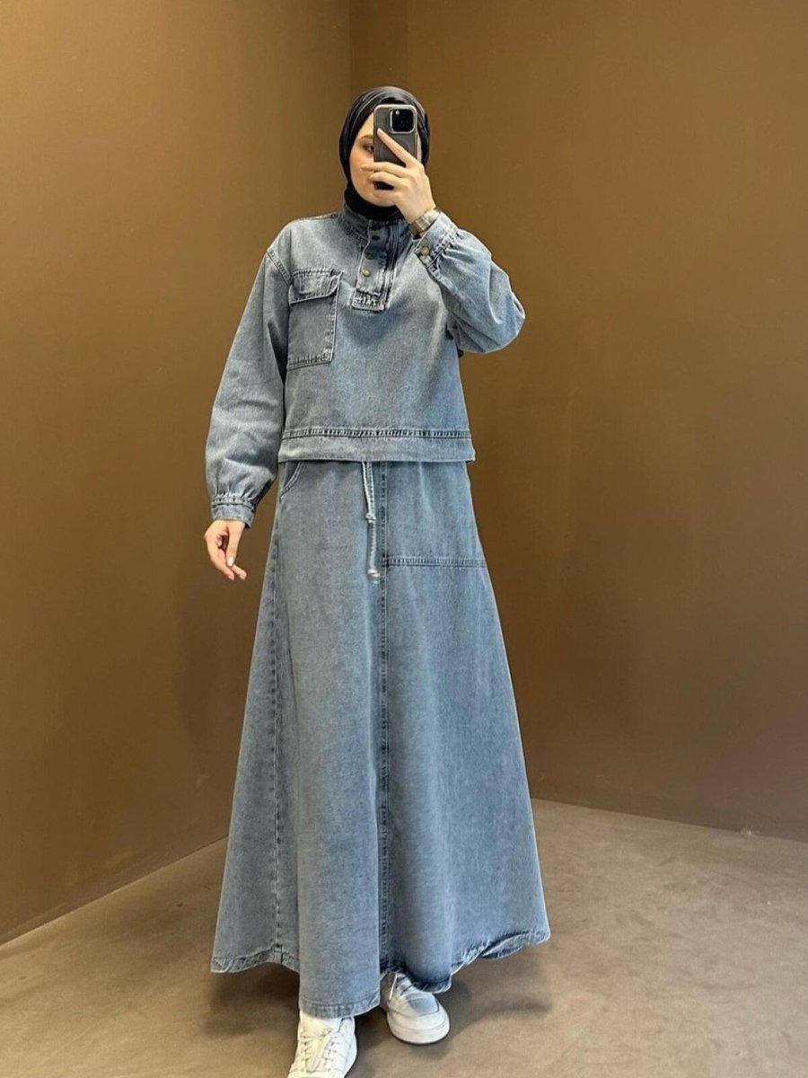 OlaLady Mavi Cep Detaylı Eteği Lastikli Denim İkili Takım