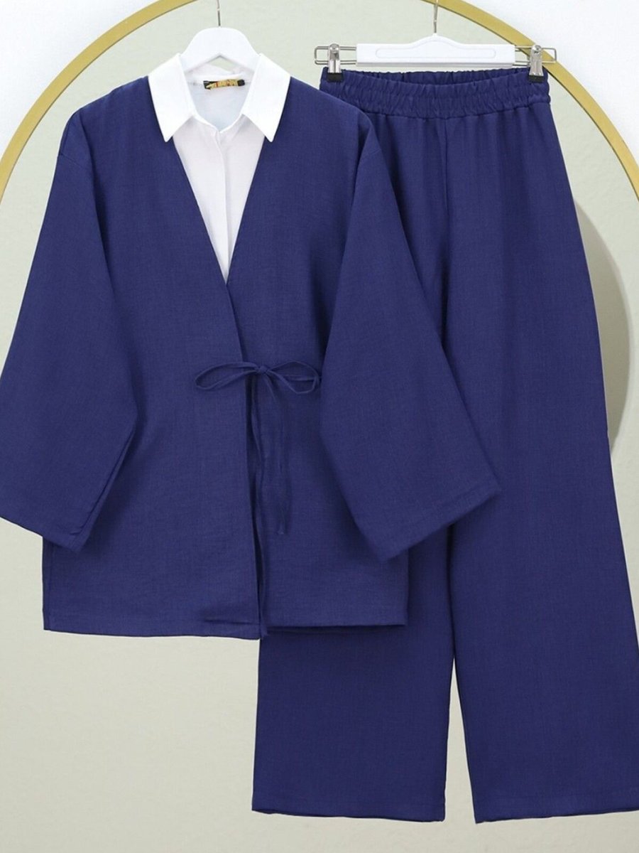HİJABAYA Lacivert Önden Bağlamalı Pantolonlu Kimono İkili Takım