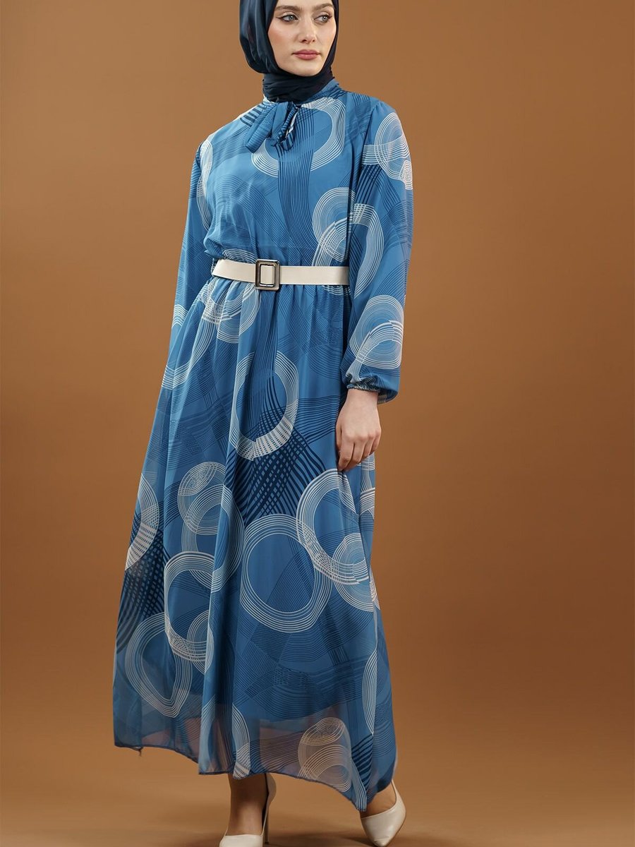 Mec Fashion Lacivert Desenli Kemerli Elbise