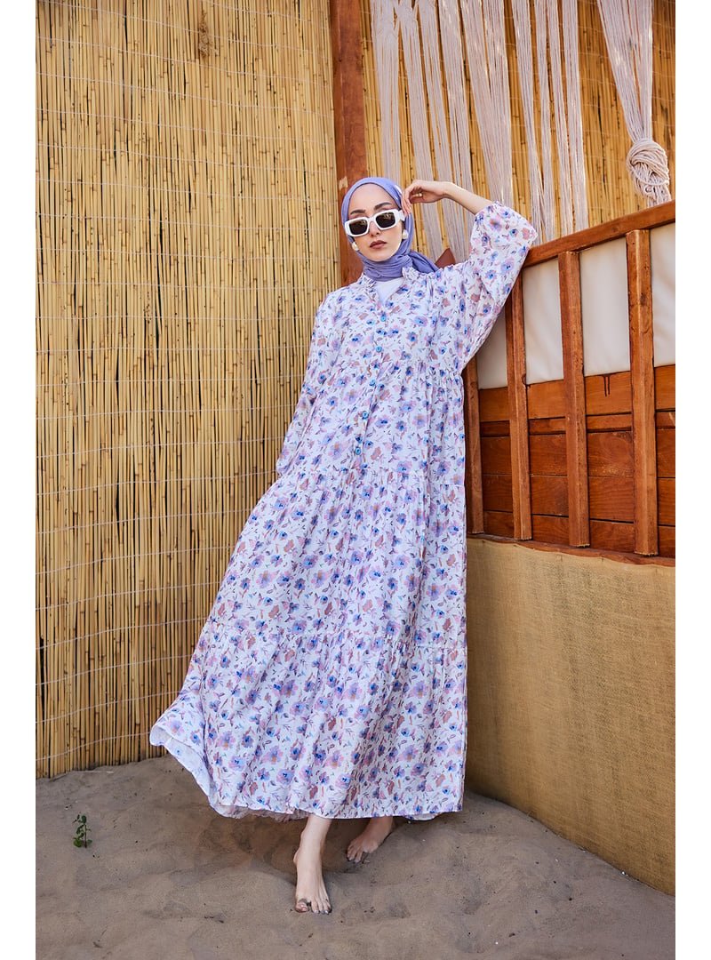 Locco Moda Lila Sulu Boya Çiçek Desen Elbise