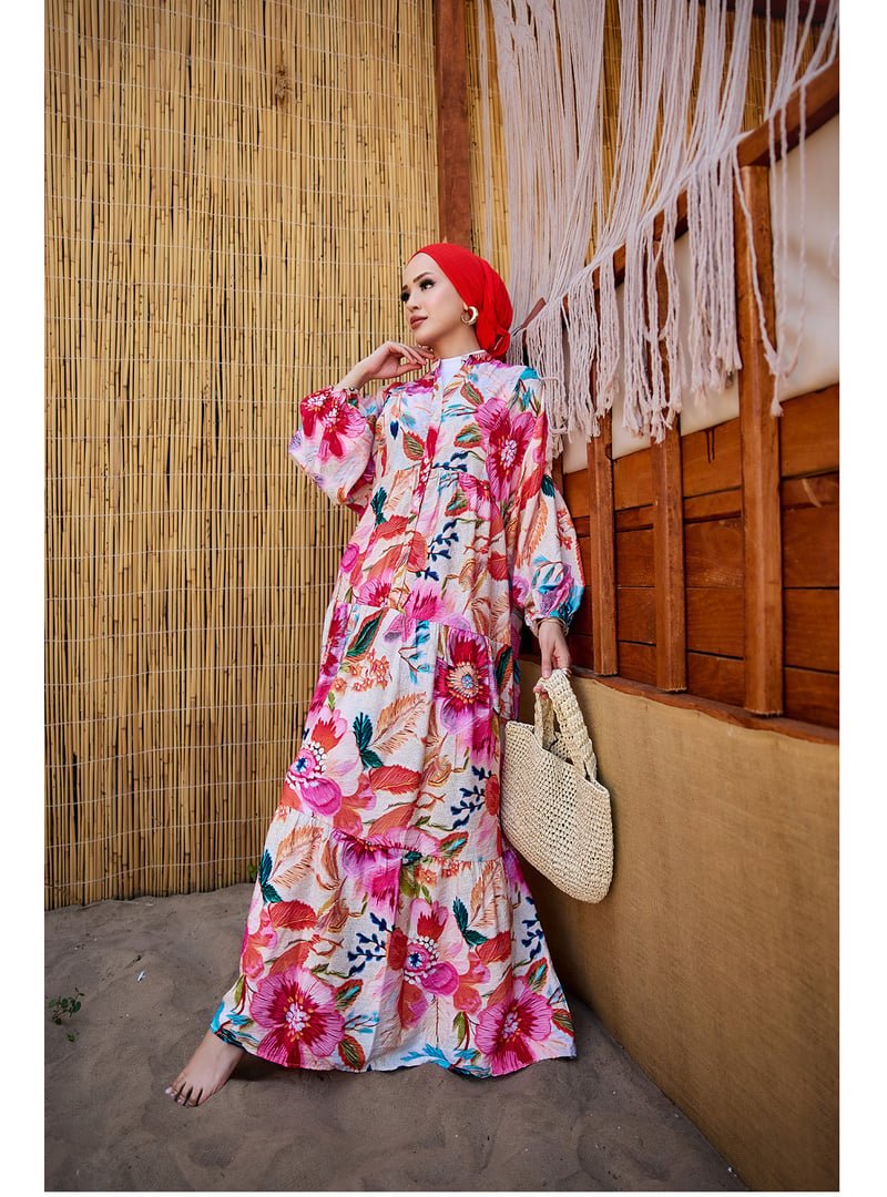 Locco Moda Fuşya Bahar Çiceği Desen Elbise