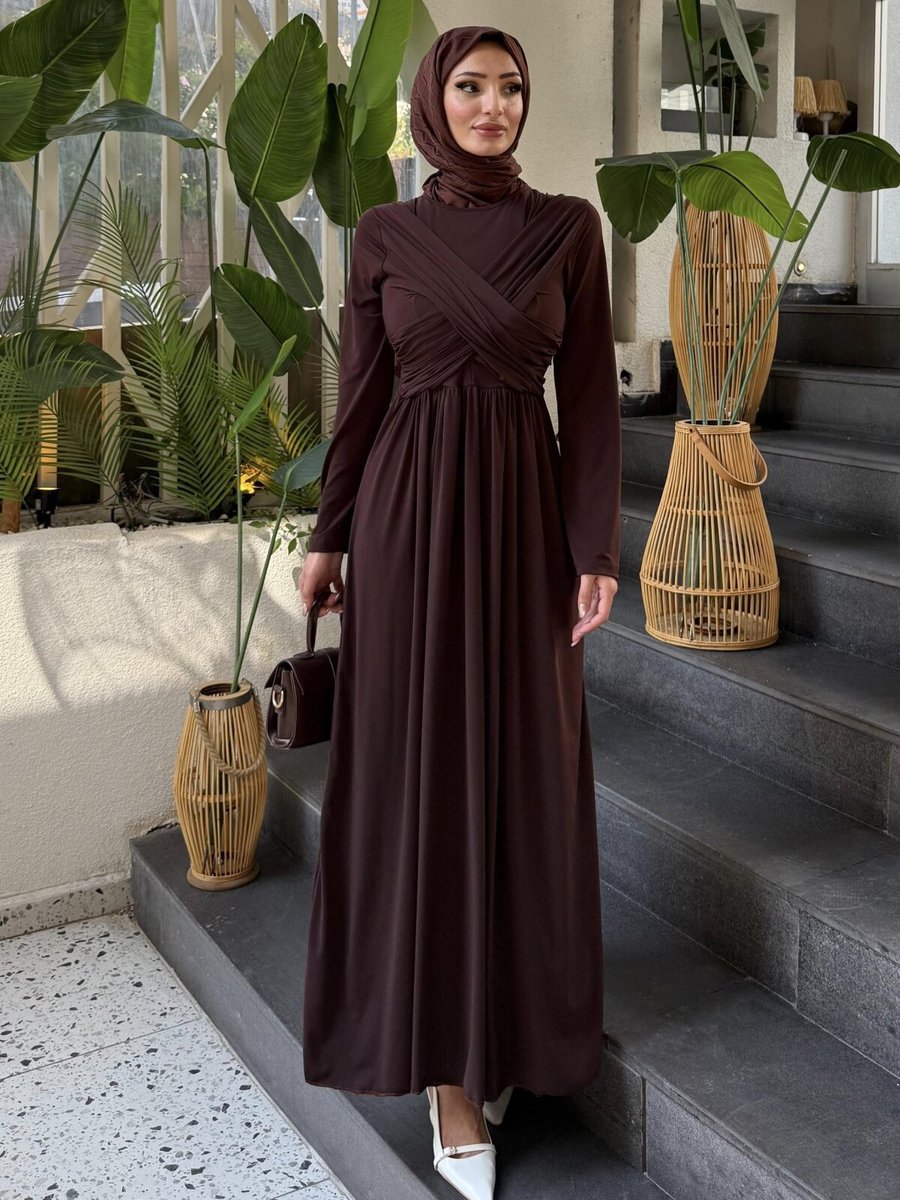 Ensa Tesettür Kahverengi Linda Taşlı Kahve Abiye Elbise