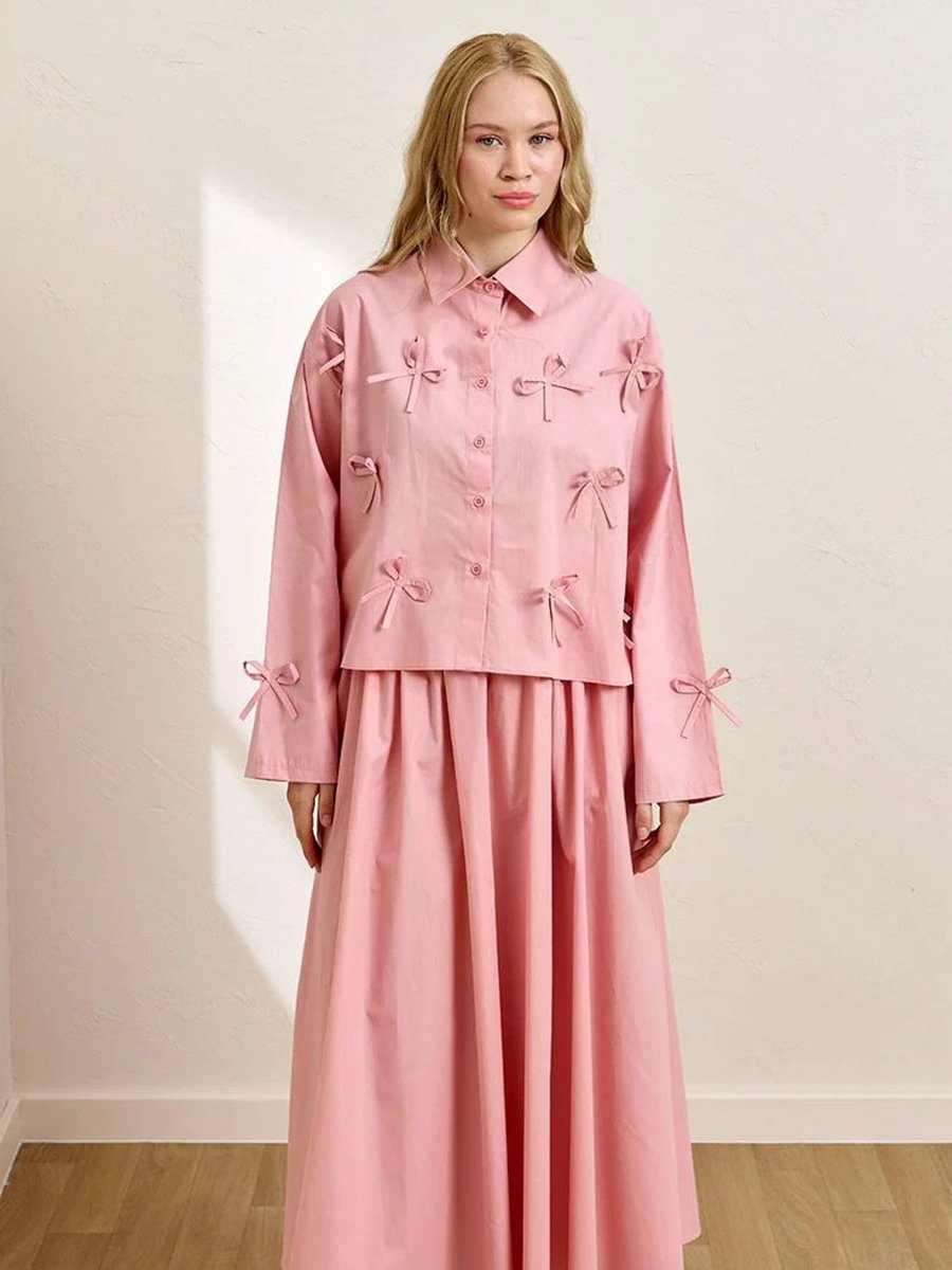Ceylan Otantik Pembe Fiyonk Detay Crop Gömlek