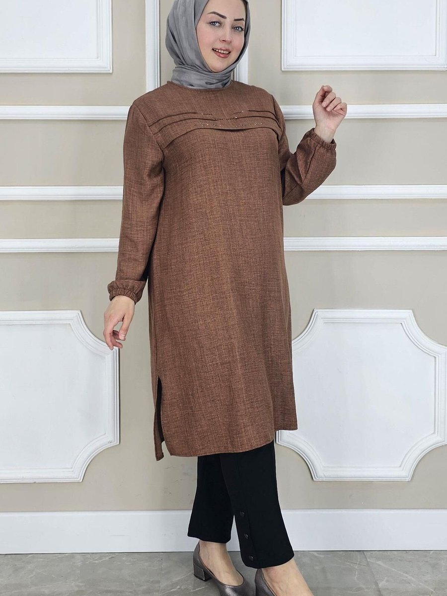 PYS Kahverengi Taş Detaylı Tunik