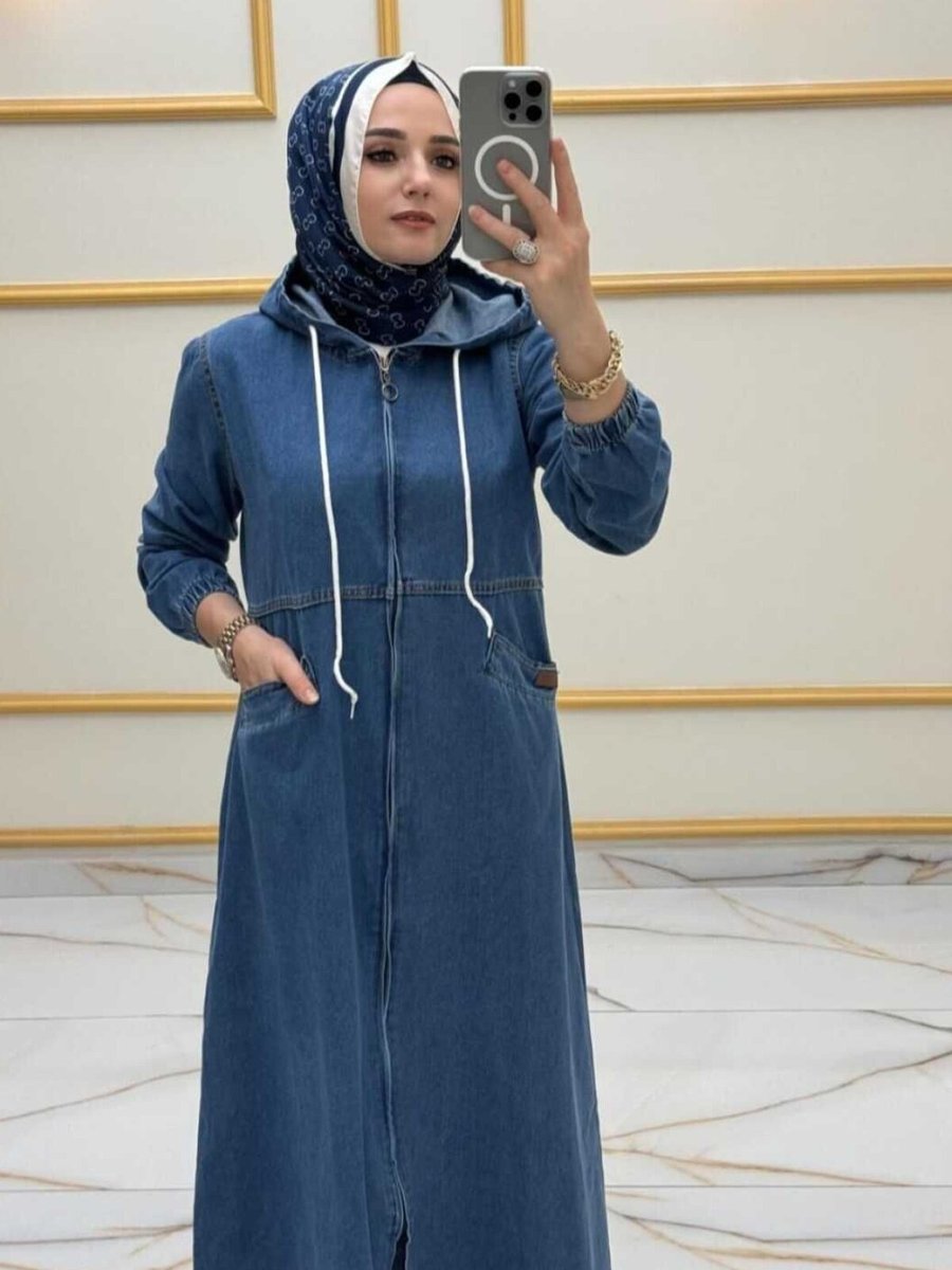 OlaLady Lacivert Fermuarlı Kapüşonlu Cep Detaylı Denim Kot Kap Pardesü