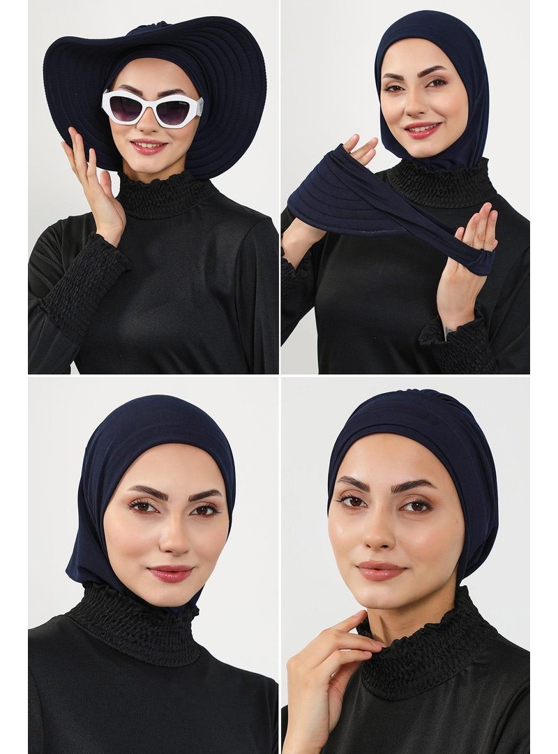 Aisha`s Design 3sn Lacivert 4'lü Bone,siperlik Ve Şapka Seti (deniz,havuz) Yüzücü Bonesi,st