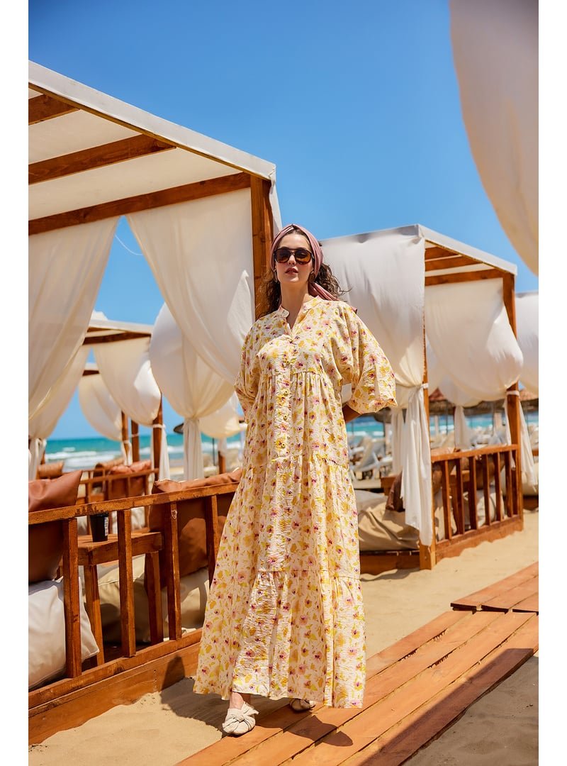 Locco Moda Sarı Sulu Boya Çiçek Desen Elbise