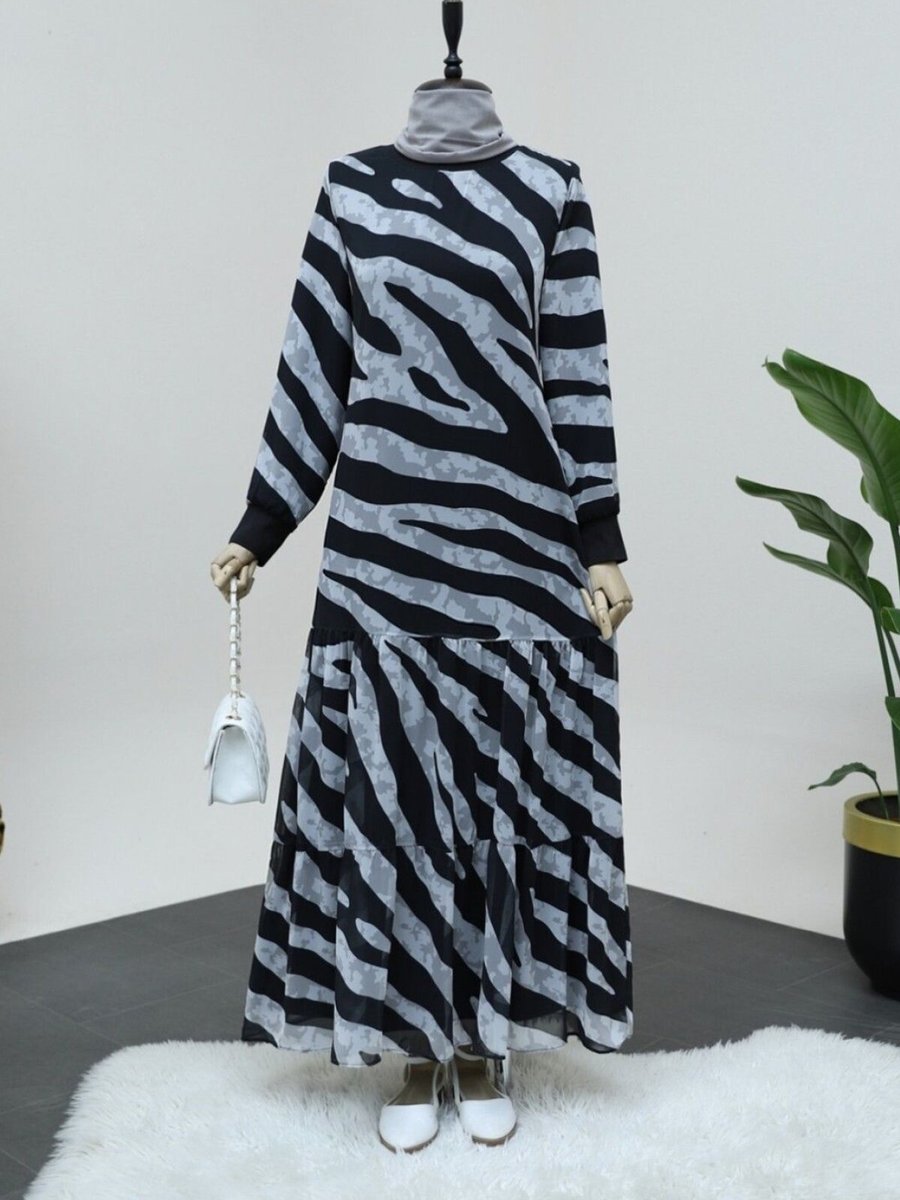 HİJABAYA Siyah Zebra Desen Eteği Parçalı Astarlı Şifon Elbise