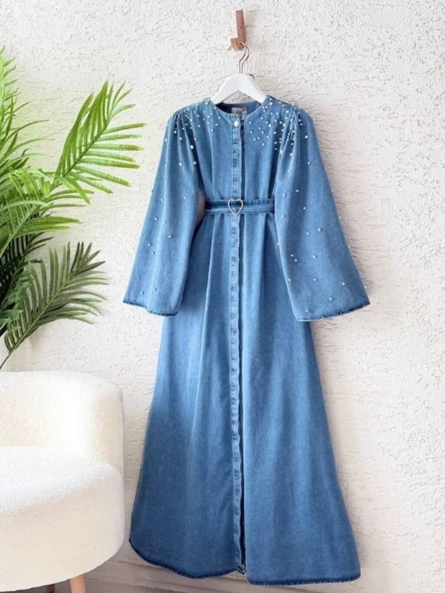 OlaLady Mavi Kalp Kemerli İnci Detaylı Denim Kap Pardesü
