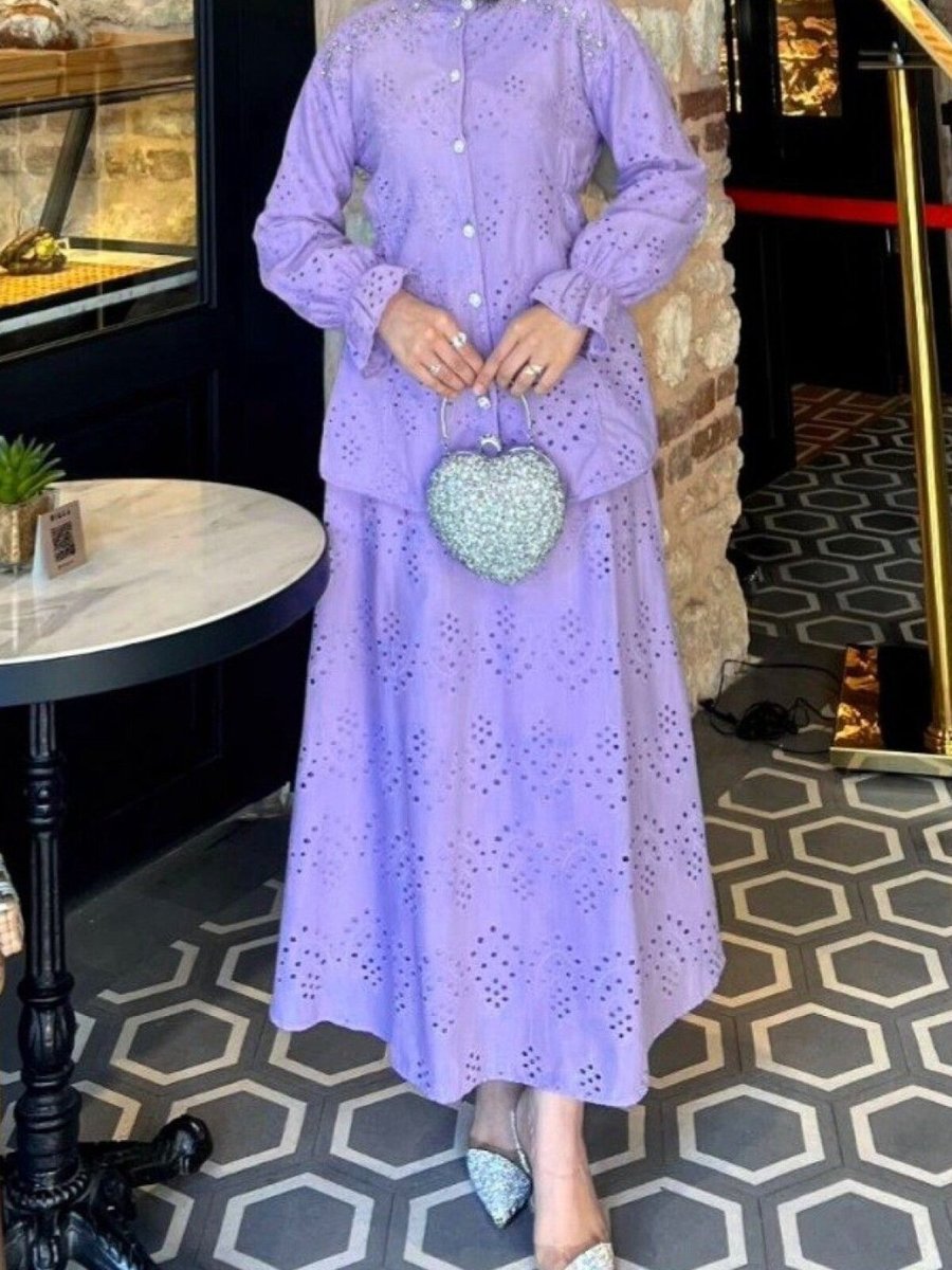 HİJABAYA Lila Belden Sıkmalı Omuzu Taş Detaylı Fistolu İkili Takım