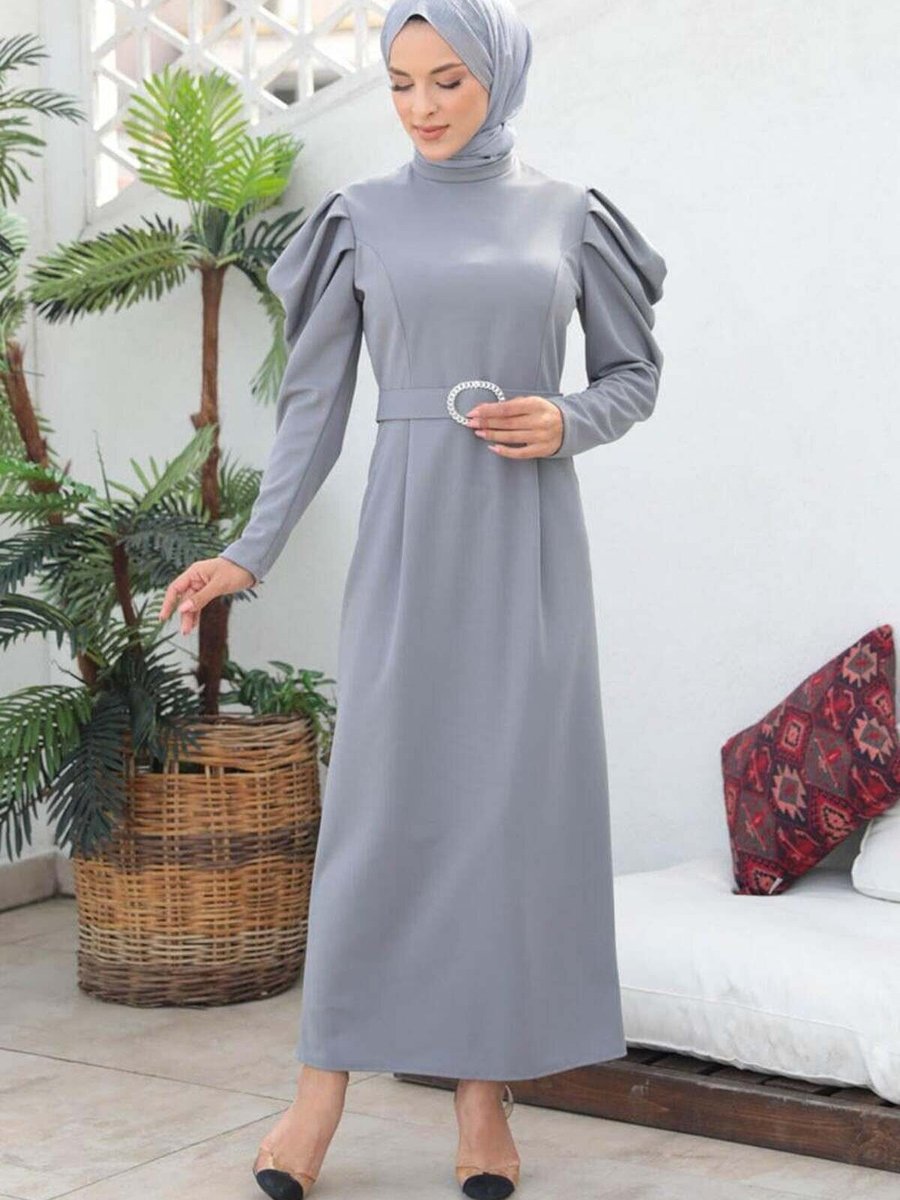 Mec Fashion Gri Balon Kol Abiye Elbise